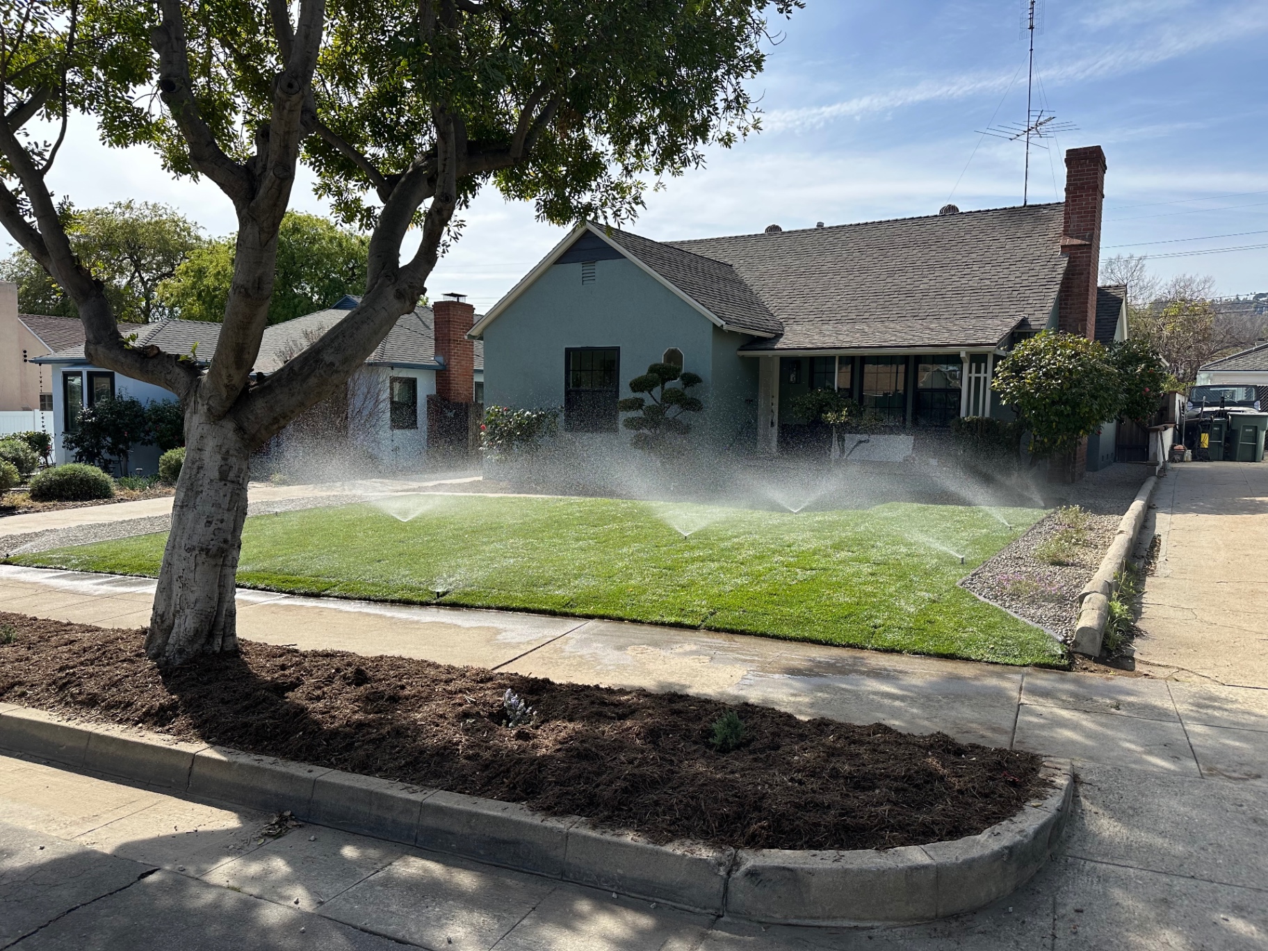 Active sprinkler irrigation system watering a freshly maintained front lawn at a completed D&M project